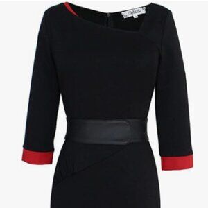 Chic Black & Red Contrast Asymmetrical Sheath Dress with Belt - Size 2XL